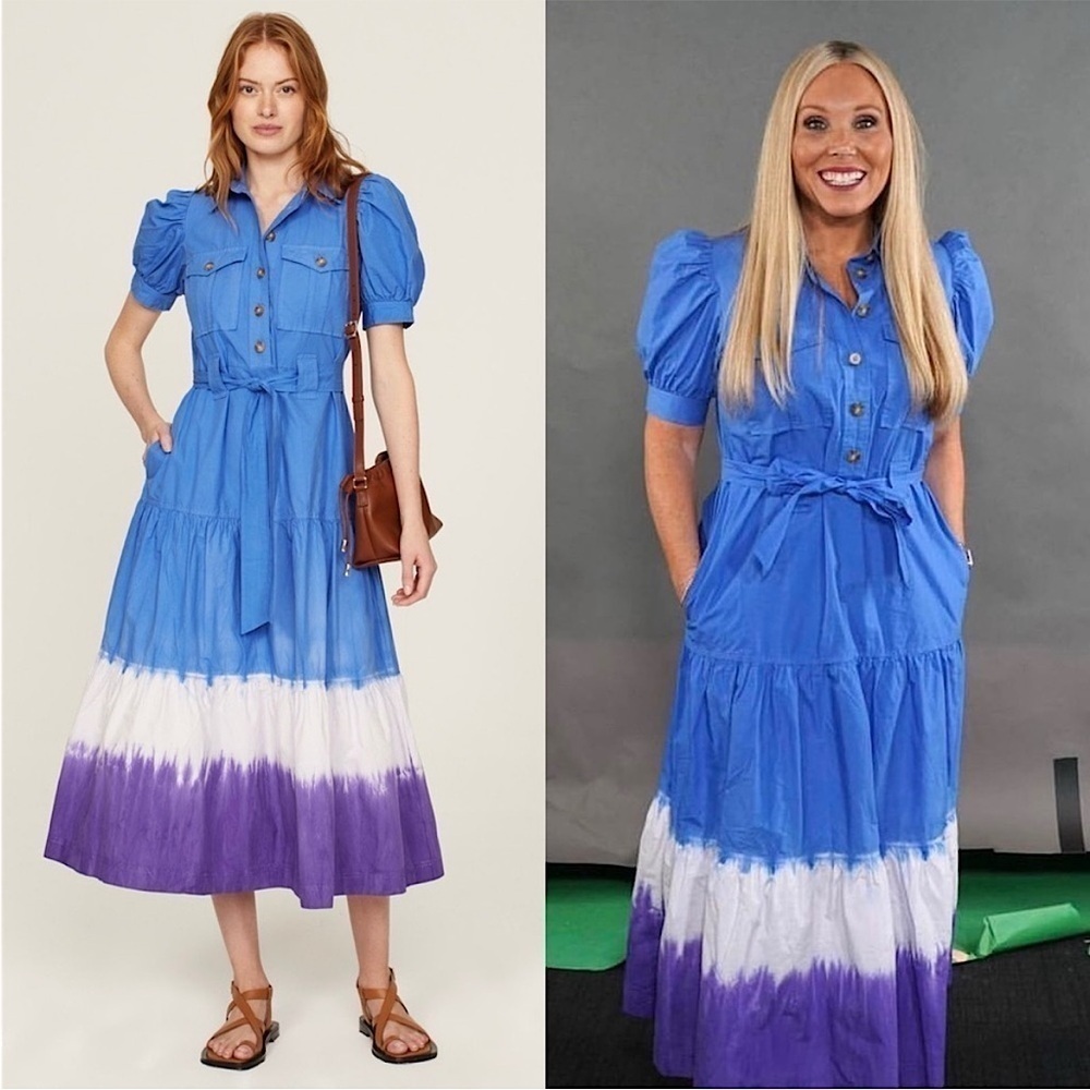 DEREK LAM Ombre Dye Stripe Puff Short Sleeve Tie Belt‎ Ruffle Tier Shirt Dress 6